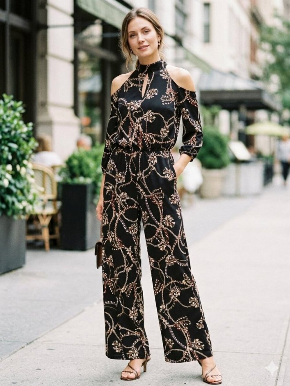Thalia Sodi Chain Print Cold Shoulder Wide Leg Jumpsuit Black Gold S NWT